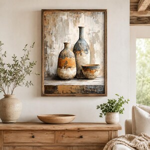 Pottery Vase Wall Art, Rustic Still Life Print, Neutral Ceramic Canvas, Framed Poster, Farmhouse Decor, Gallery Wall Art Collection