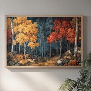 Red and Gold Autumn Forest Wall Art, Rustic Woodland Digital Print, Seasonal Nature Scene Decor, Cozy Country Home Accent, Instant Download