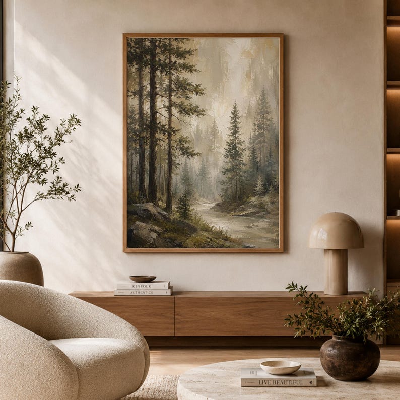 May include: A rectangular wall art print featuring a misty forest landscape with tall evergreen trees, rocky terrain, and a winding river. The painting uses a muted color palette of deep greens, earthy browns, and soft beige tones to depict a serene woodland scene.