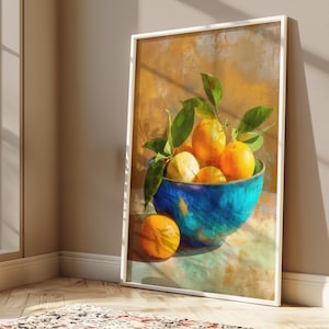Blue Bowl Citrus Printable, Rustic Kitchen Still Life Digital Art, Farmhouse Wall Decor, Vintage Country Home Print, Instant Download