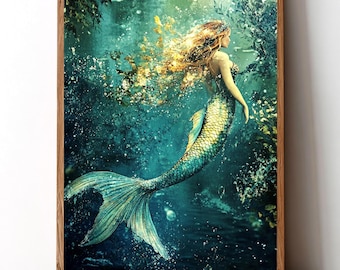 Mermaid Wall Art, Fantasy Siren Canvas Print, Whimsical Ocean Poster, Framed Nautical Decor, Ethereal Sea Life Illustration, Magical Gift