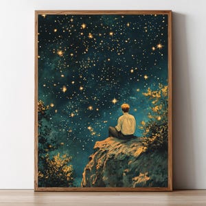 Art mural vintage garçon regardant les étoiles, affiche rêveur sous le ciel nocturne, toile d&#39;illustration céleste, impression rétro cosmique, décoration murale mystique