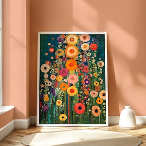 May include: A rectangular framed wall art print featuring a dense, vertical arrangement of colorful flowers in shades of orange, yellow, pink, red, and purple against a deep teal and green background, presented in a simple white frame.