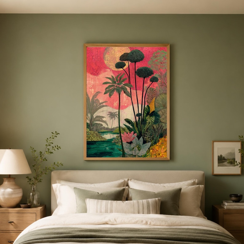 a large, colorful painting of tropical foliage hanging on a wall above a bed with white bedding.