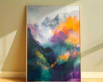 Colorful Mountain Canvas Art, Abstract Landscape Wall Decor, Framed Nature Poster, Vibrant Alpine Illustration, Modern Peak Print Unique Art