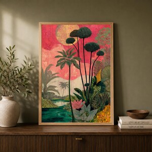 a vibrant, colorful painting of tropical foliage and a serene body of water, displayed on a wooden shelf.