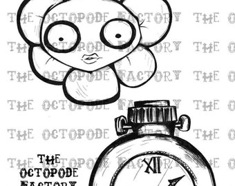 INSTANT DOWNLOAD Alice Elements Whimsical Flower and Pocket Watch Digital Stamp