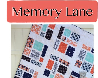 May include: A quilt pattern called "Memory Lane" featuring a patchwork design with squares of orange, blue, and turquoise fabric. The quilt is fat quarter friendly and designed by Shannon Schlosser. The pattern is available from Sew You Like It.