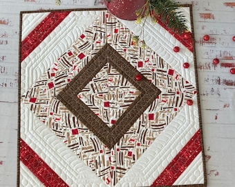 Quilted Christmas Table Topper, Square Table Quilt, Brown and Red