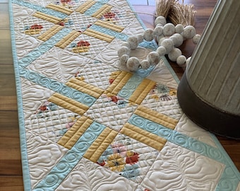 Quilted Table Runner, Aqua Yellow Table Decor, Quilted Table Topper, Table Centerpiece