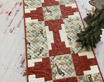 Christmas, Holiday, Quilted Table Runner, Table Topper, Winter, Birds