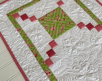 Quilted Spring Table Runner Extra Long Heavily Quilted Pink, Green, White