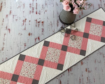 Valentine Quilted Table Runner, Pink and Gray Heart Table Decor