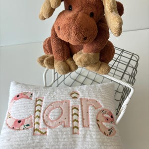 May include: A white pillow with the name "Claire" embroidered in pink letters with floral and chevron patterns. A brown plush moose toy sits on a metal wire basket.