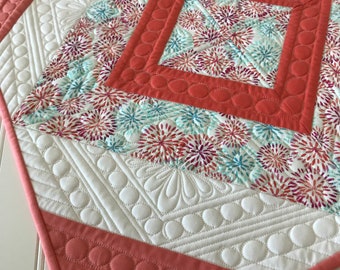 Spring Quilted Table Topper Coral and Aqua Table Centerpiece