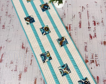 Quilted Table Runner with Appliqued Squares Aqua