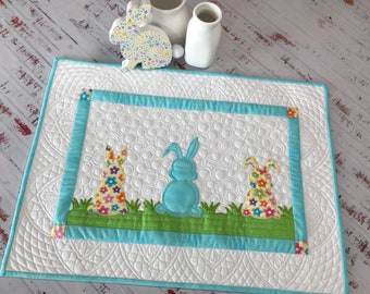 Easter Quilted Wall Hanging or Table Topper with Whimsical Applique Bunnies