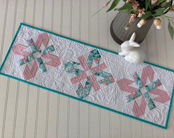 Spring Quilted Table Runner Table Topper Home Decor Pink Aqua