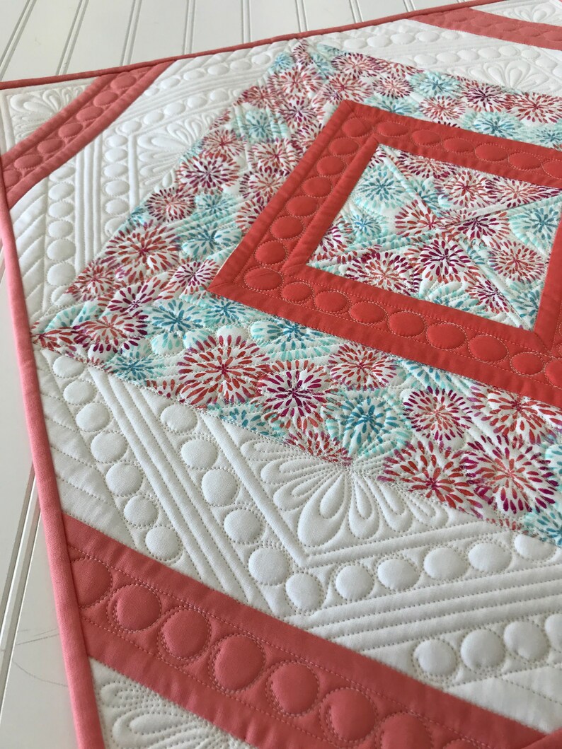 Spring Quilted Table Topper Coral and Aqua Table Centerpiece Etsy