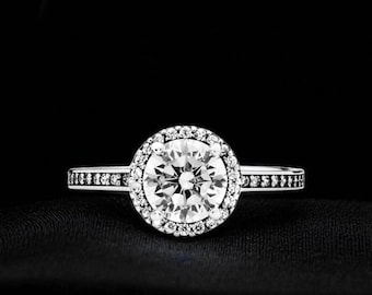 Round Halo Diamond Engagement Ring | Dainty Solitaire Wedding Ring for Women | Sterling Silver Promise Ring | Anniversary Gift Jewelry Her