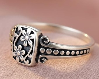 Antique Floral Engraved Silver Ring, Dainty Ring for Women, Minimal Boho Jewelry, 925 Sterling Flower Band, Unique Handmade Everyday Ring