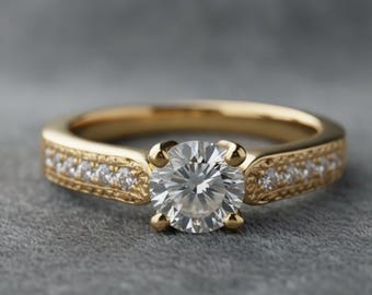 Round Cut Diamond Engagement Ring, 14K Gold Solitaire Ring, Pave Band Bridal Ring, Classic Proposal Ring for Women,Wedding Promise Ring Gift