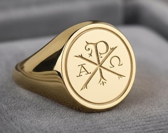 14K Gold Chi Rho Signet Ring, Custom Engraved Ring, Personalized Christian Protection Ring for Men or Women, Family Crest Meaningful Jewelry