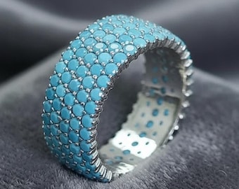 Women's Sleeping Beauty Turquoise Pave Wedding Band, Wide Band Turquoise Ring, Silver Promise Band, Romantic Anniversary Bohemian Gifts Her