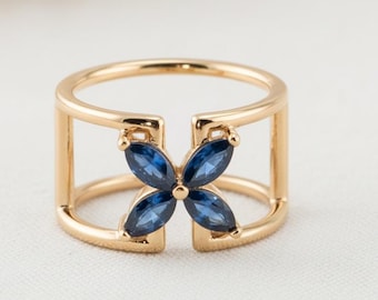 Royal Blau Saphir Blumenring, Marquise Edelstein Ring, Hochzeitsband Ringe für Frauen, Zierliche Blumen Statement Ring, September Geburtsstein