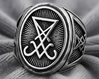 Lucifer Sigil Signet Ring for Men, Devil Seal of Satan Ring, Baphomet Ring, Gothic Occult Silver Ring, Satanic Symbol Statement Ring, Gifts