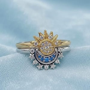 Sun and Moon Couple Ring, Celestial Gold and Silver Stacking Ring, Christmas Jewelry, Blue Crystal Star Ring, 925 Silver Anniversary Gifts