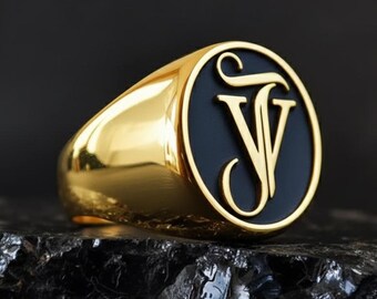 Anpassad initialring för män, personlig monogramring, sigillring i sterlingsilver, graverad familjevapenring, födelsedagspresent till honom