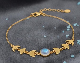 Rainbow MoonStone Bracelet, Moon Phase Bracelet Gold – Dainty Chain Bracelet, Celestial Jewelry for Women,Lunar Gift,Boho Moonstone Bracelet