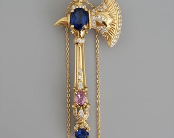 Gold Axe Pendant Necklace  Blue Sapphire & Pink Gemstone Jewelry,Viking Inspired Sword Pendant, Statement Gift for Her, anniversary gifts.