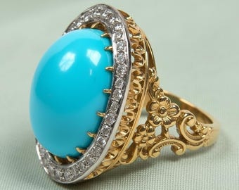 Natural Turquoise Vintage Ring, Floral Gold Statement Ring, Oval Blue Gemstone Ring, Antique Style Jewelry Gift for Her, Turquoise Ring,