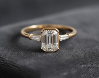 Emerald Cut Diamond Engagement Ring, 14K Gold Minimalist Ring, Baguette Side Gemstone Ring, Modern Solitaire Ring, Handmade Fine Jewelry