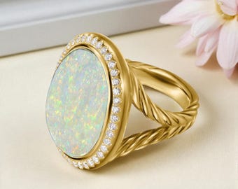 Ethiopian Opal Ring, Gold Ring, Large Oval Opal Statement Ring with Diamonds,925 Silver Ring, October Birthstone, Birthday Gifts for Her