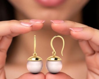 Modern Pearl Drop Earrings, Gold Hook Earrings, Minimalist Statement Jewelry, Wedding Earrings, Party or Everyday Wear, Christmas Jewelry