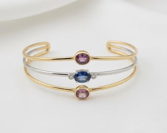 Gold and Silver Gemstone Cuff Bracelet Triple Line Open Bangle  Blue Sapphire & Pink Tourmaline Bracelet  Minimalist Adjustable Jewelry Gift