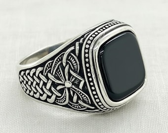 Men's Black Onyx 925 Silver Ring, Vintage Style Gemstone Ring, Bold Boho Statement Ring, Handmade Signet Ring, Gothic Jewelry Gift for Mens