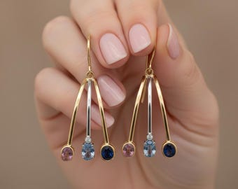 Gold and Silver Gemstone Dangle Earrings Sapphire, Aquamarine & Pink Tourmaline Earrings Handmade Natural Stone Jewelry Gift for Her