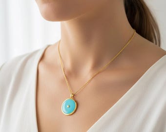 Sleeping Beauty Turquoise Star Pendant Necklace, Gold Disc Charm Necklace, Wedding Boho Jewelry, Everyday Layering Necklace, Gift for Women