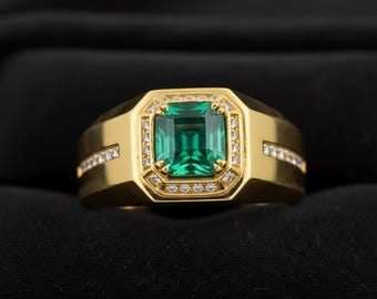 Emerald Cut Green Emerald Men’s Ring, Gold Emerald Diamond Statement Ring, Vintage Luxury Wedding Ring, Romantic Anniversary Gifts for Him