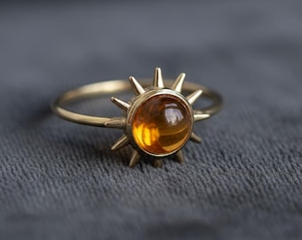 Natural Citrine Ring, Sunburst Amber Ring, Celestial Sun Ring for Women, Minimalist Gold Stacking Ring, November Birthstone Gift for Women