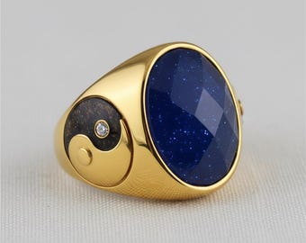 Men's Natural Blue Sandstone Ring, Yin Yang Statement Ring, Gemstone Ring, Spiritual Balance Ring, Unique Gift for Him, Halloween Gifts Her