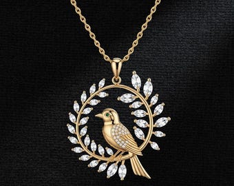 Lab Grown Diamond Necklace, Gold Leaf Circle Design, Elegant Nature-Inspired Jewelry for Women's, Lab Bird Necklace, Elegant necklace ,