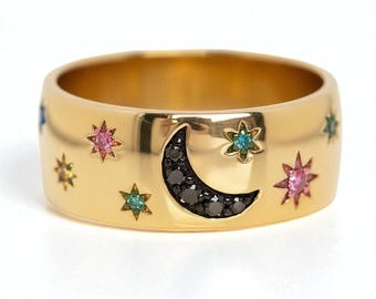 Moon and Stars Ring, Celestial Band, Gold Stacking Ring, Pave Crescent Moon, Starry Night Jewelry, Dainty Ring, Gift for He,Star Band,