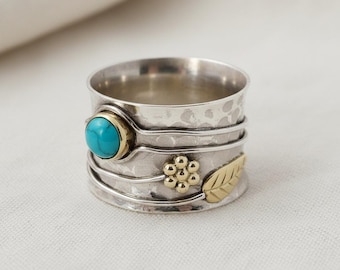Men's Natural Turquoise Ring, Boho Fidget Ring for Women, Meditation Anxiety Relief Ring, Statement Floral Band Ring, Christmas Ring for Her