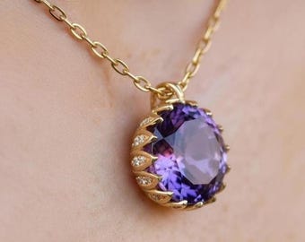 Amethyst Pendant Necklace, Gold Purple Gemstone Necklace, February Birthstone Jewelry for Women, Handmade Vintage Style Gift,Gift For Her
