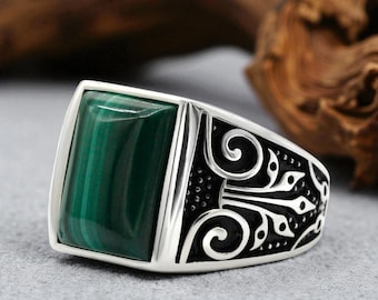 Malachite Ring, Malachite Sterling Silver Ring, Vintage-Style Men's Signet ring,ring for men's,Boho Chic Silver Jewelry, gift for him ring